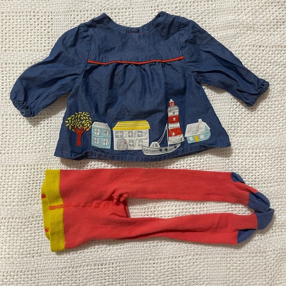 Baby Boden Other - Baby Boden Denim Top Nautical Lighthouse Boat Applique Tights Set 0-3 Months